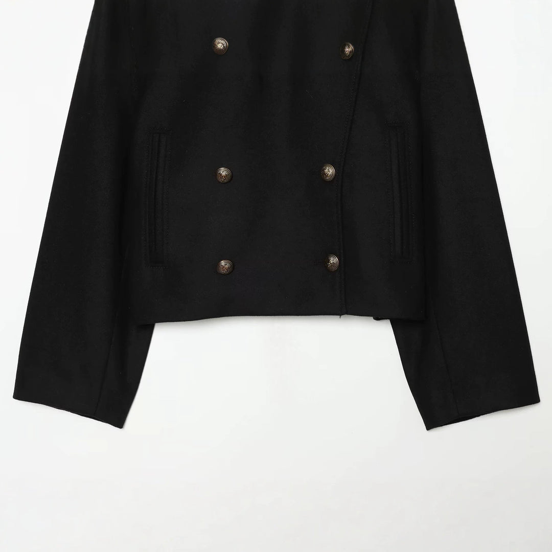 Women Short-cut maritime-inspired coat with high stand-up collar and double row Mune Fashion