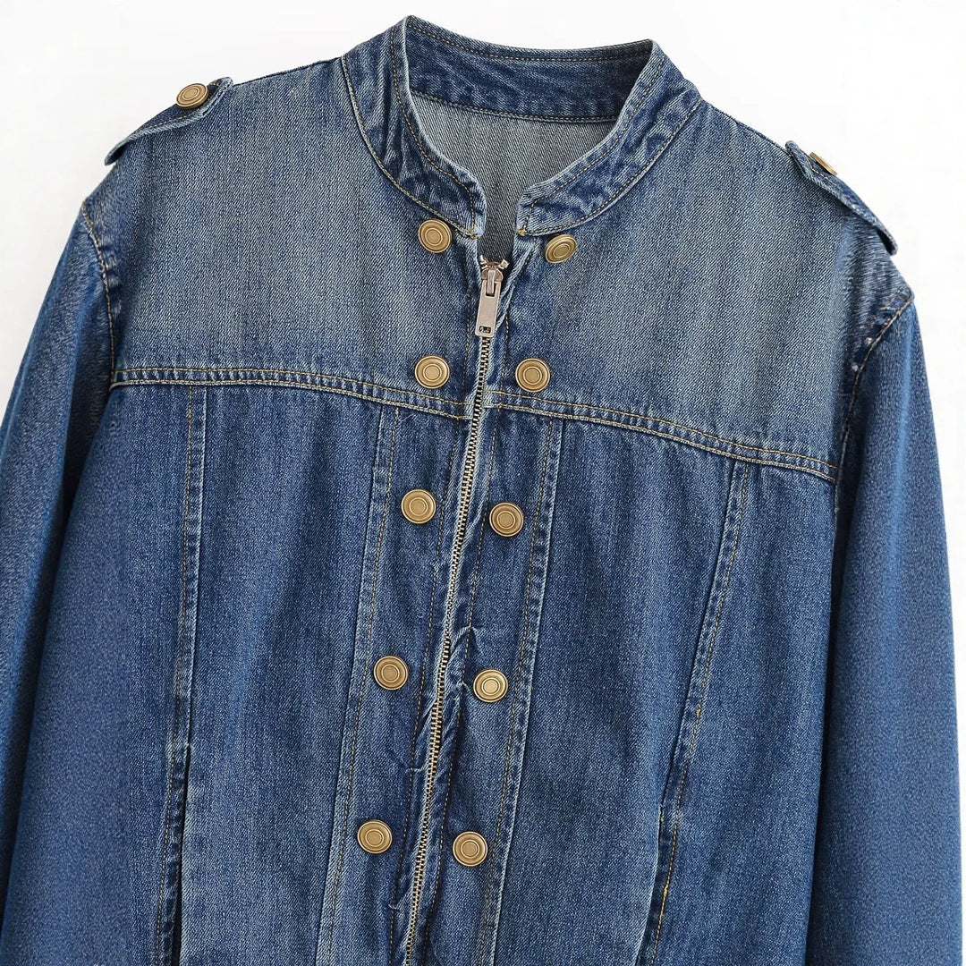 Ladies' denim jacket in military style with stand-up collar, double decorative button placket and epaulettes Mune Fashion