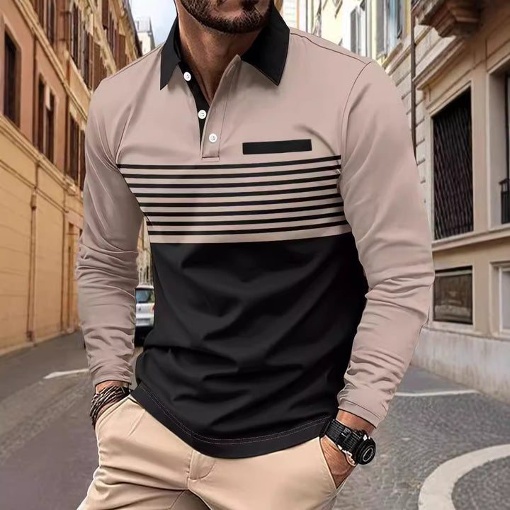 Men's long-sleeved polo shirt with contrasting shirt collar, subtle chest piping and fine stripe relief Mune Fashion