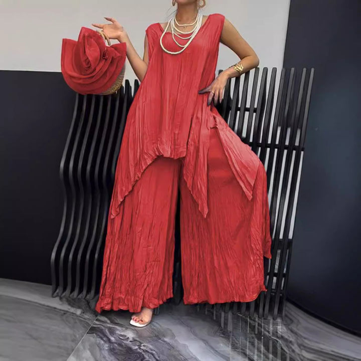 Women two-piece set in airy crinkle look with sleeveless tunic and wide palazzo pants Mune Fashion