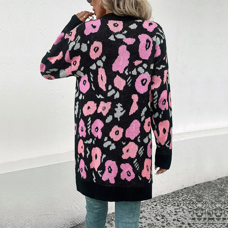 Women's Long Knit Cardigan with Oversize Cut, Animal Jacquard and Ribbed Cuffs Mune Fashion