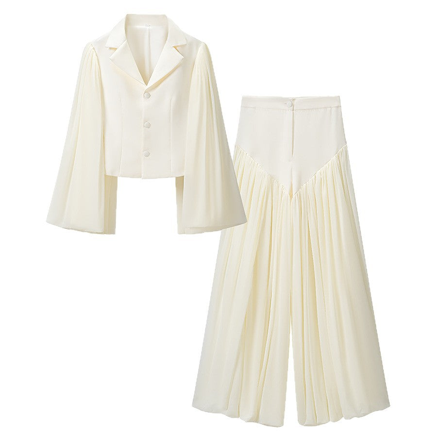 Women's Two-Piece Set with Short Blazer featuring Dramatic Bell Sleeves and Pleated Palazzo Pants Mune Fashion