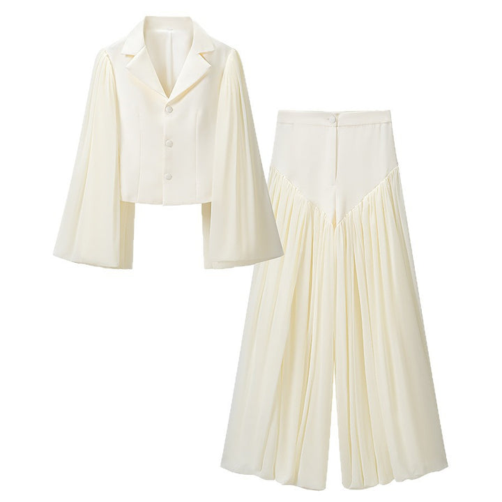 Women's Two-Piece Set with Short Blazer featuring Dramatic Bell Sleeves and Pleated Palazzo Pants Mune Fashion