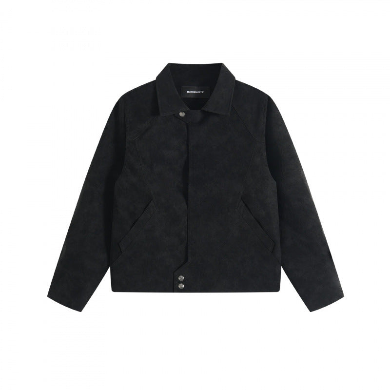 Unisex short jacket in minimalist suede look with concealed front placket and shirt collar Mune Fashion