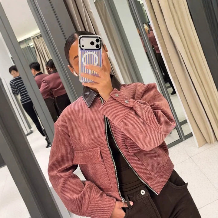 Women's Short Cord Jacket with Contrasting Leather Collar, Oversized Silhouette and Metal Zipper Mune Fashion