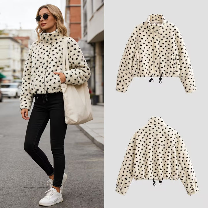 Women's teddy jacket with heart all-over, short boxy cut, stand-up collar and drawstring Mune Fashion