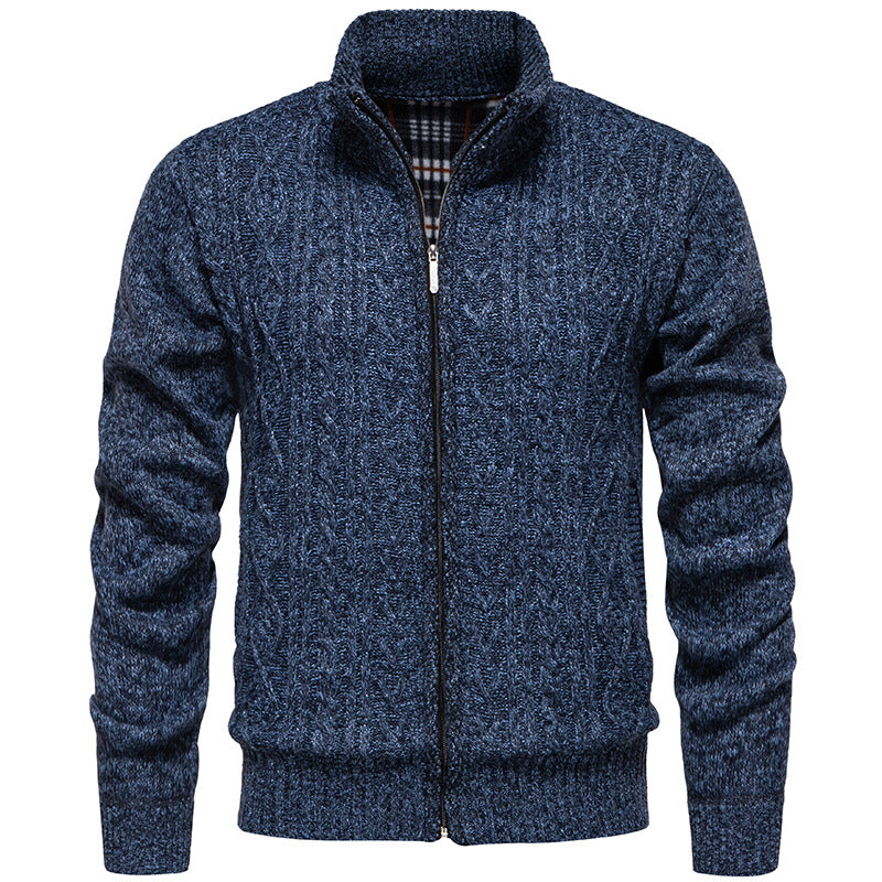 Men's chunky knit cardigan with cable pattern, stand-up collar and checked inner lining Mune Fashion