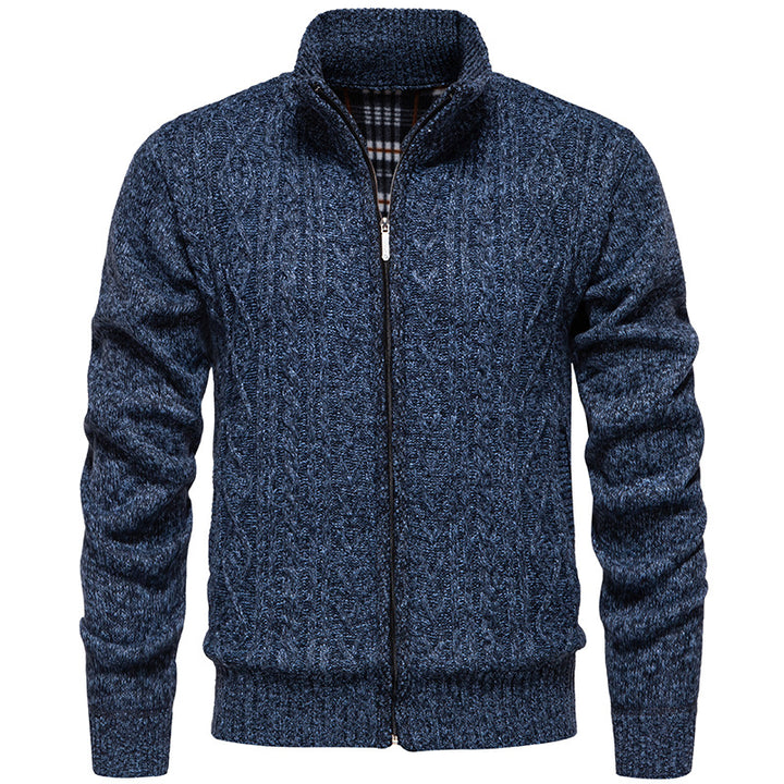 Men's chunky knit cardigan with cable pattern, stand-up collar and checked inner lining Mune Fashion