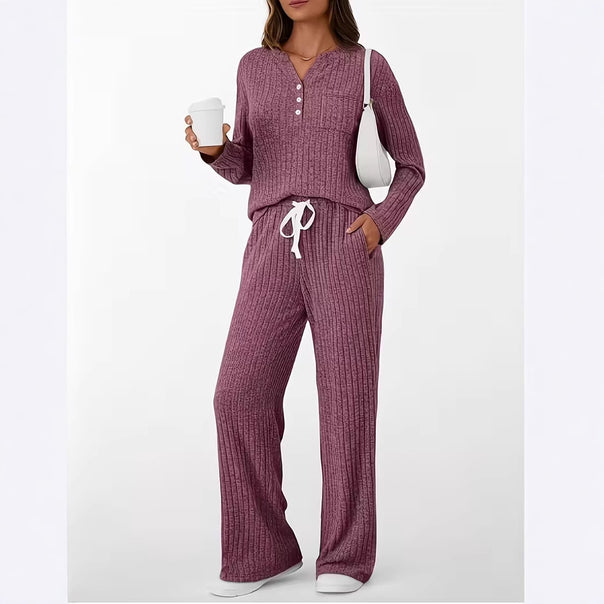 Women Ribbed Relaxation Set with Henley Top and Wide Cord Pants Mune Fashion