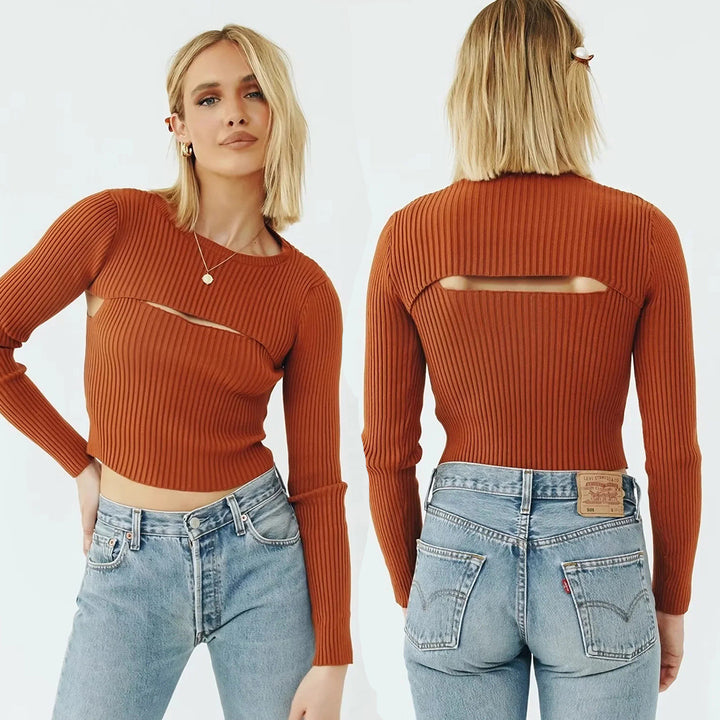 Women short cut ribbed knit top with asymmetric cut-outs and round neckline Mune Fashion