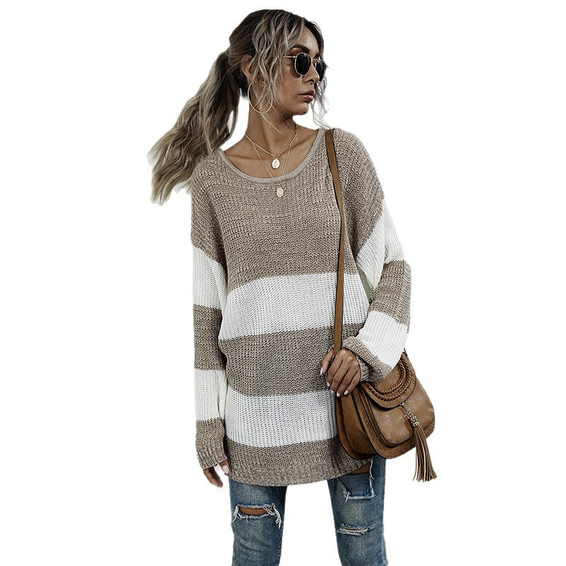 Women Casual Knit Sweater with Block Stripes Mune Fashion