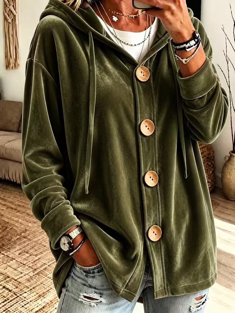 Women's Oversize Hooded Velvet Jacket with Large Wooden Buttons and Soft Velour Lining Mune Fashion