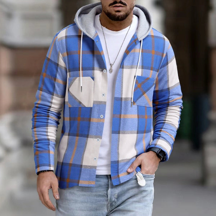 Men's checkered shirt jacket with hood, button placket and chest pockets EB