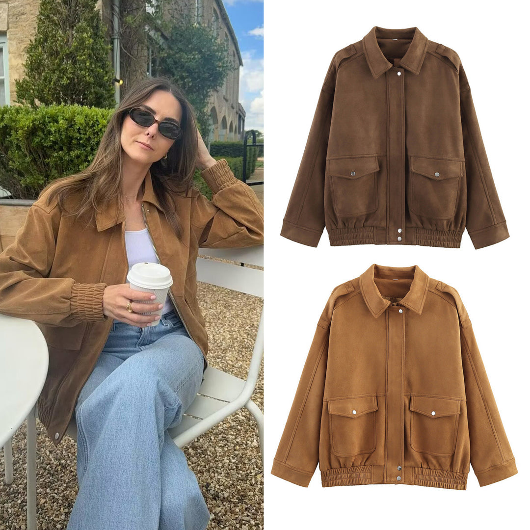 Women Oversize Velvet-Optic Jacket with Flap Pockets, Snap Front and Elastic Hem Mune Fashion