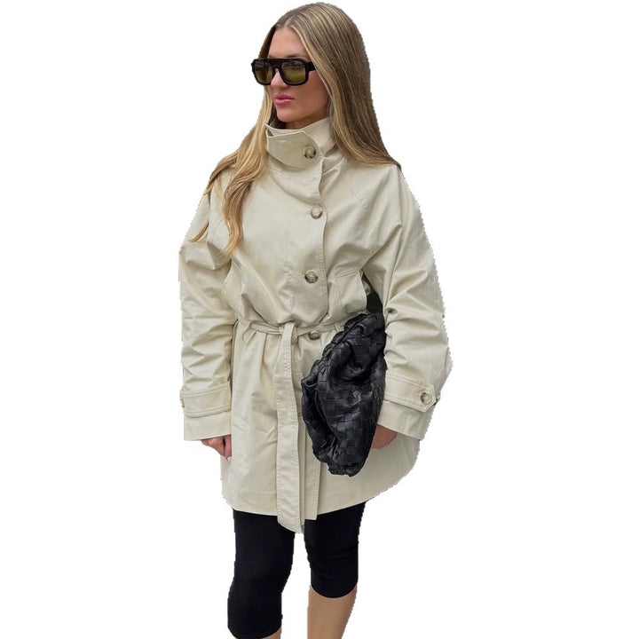 Women Short Wind and Transitional Coat with High Standing Collar and Tie Belt Mune Fashion
