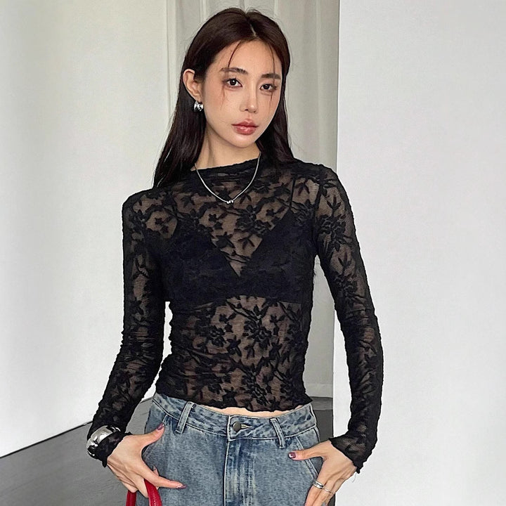 Women nan a fitted lace long-sleeve shirt with floral lace, slightly transparent and high collar Mune Fashion