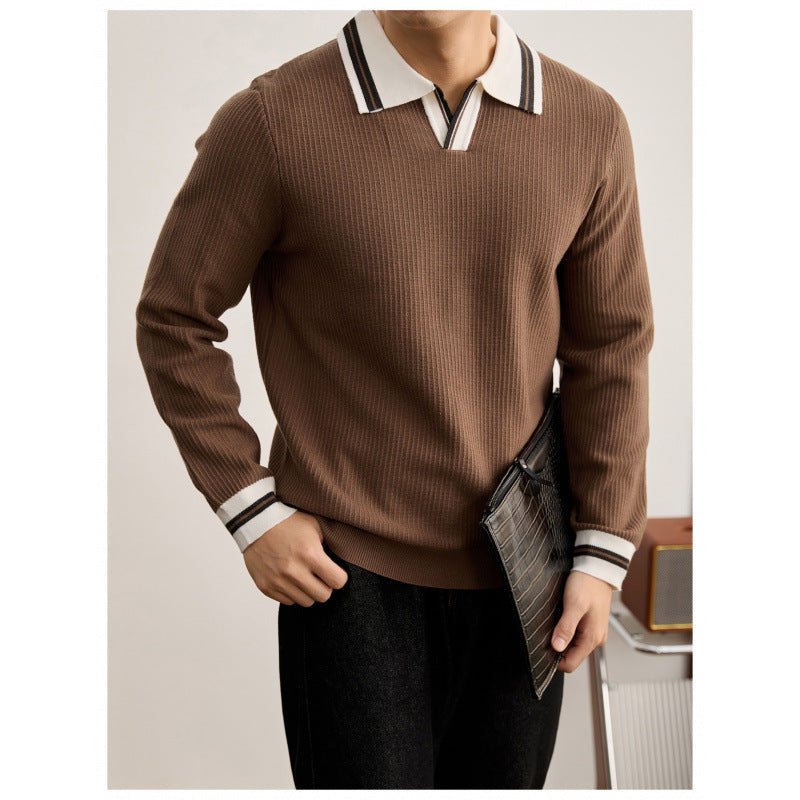 Men's fine knit polo with V-neck, ribbed structure and contrasting cuffs Mune Fashion