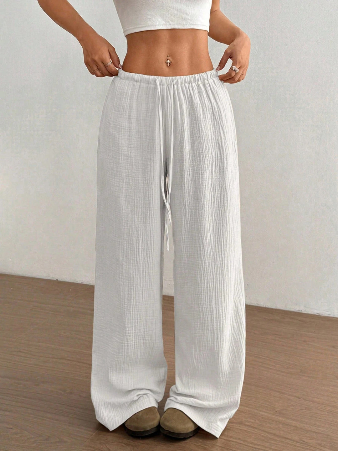 Women Lightweight Linen Look Pants with Wide Leg, Elastic Waistband and Drawstring Mune Fashion