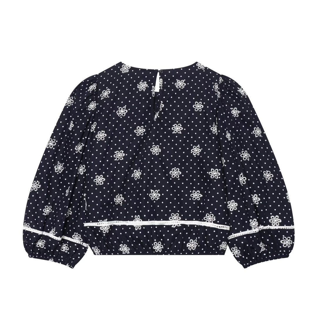 Women Embroidered Polka Dot Blouse with Ruffles and Balloon Sleeves Mune Fashion