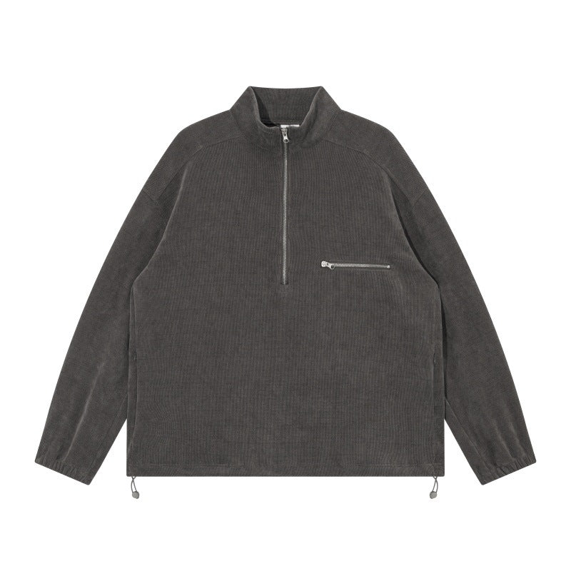 Unisex Oversize Half-zip Pullover made of cord mix with chest zip pocket and drawstring hem Mune Fashion