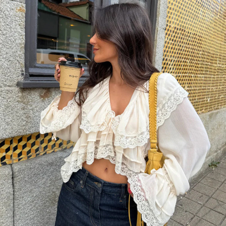 Women's Ruffled Lace Crop Top Blouse with Ruffles and V-Neck Mune Fashion
