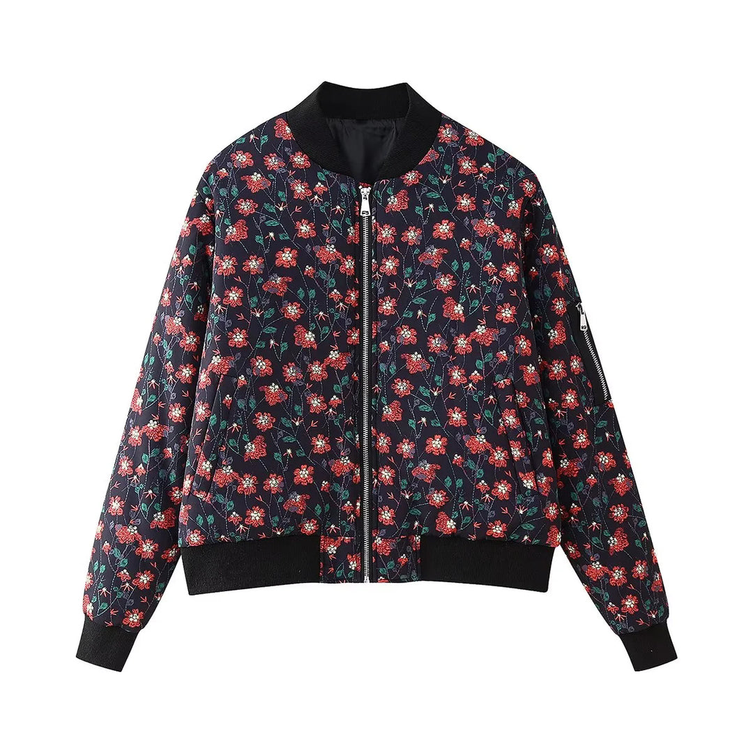 Women's slightly padded bomber jacket with subtle floral quilt, zipper and arm pocket Mune Fashion