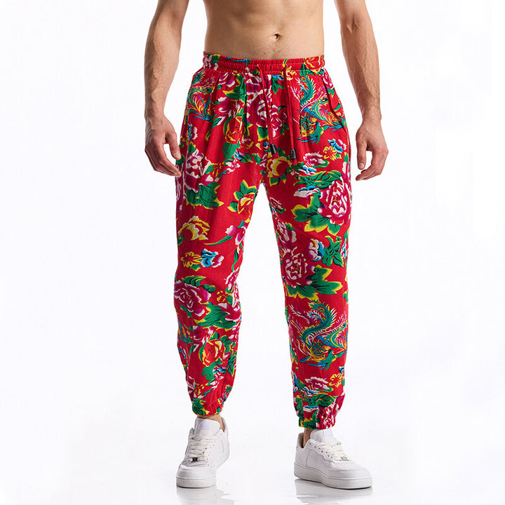 Men's Floral Printed Relaxed-Fit Jogging Pants with Elastic Waistband and Drawstring Mune Fashion