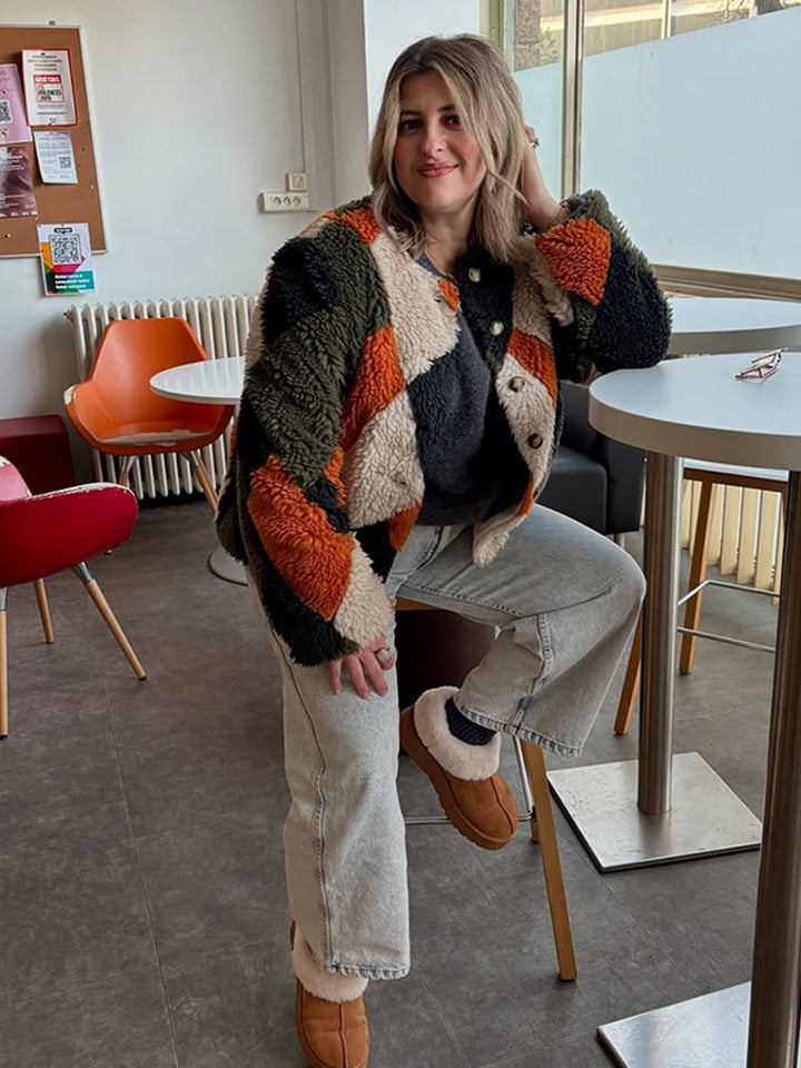 Women Short-Cut Patchwork Teddy Jacket with Textured Loop Fiber and Snap Button Placket Mune Fashion