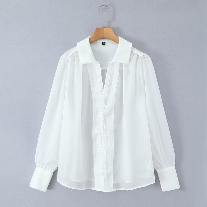 Ladies transparent chiffon blouse with volume sleeves, lace trim and wide cuffs
