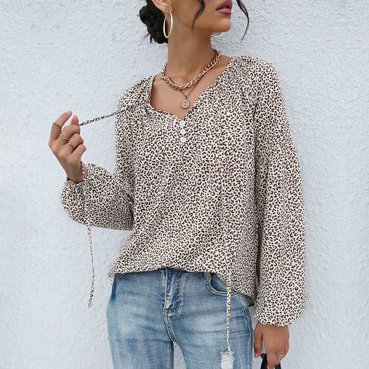 Women's Casual Tunic-Blouse with Fine Leopard Print, Button Placket and Balloon Sleeves Mune Fashion