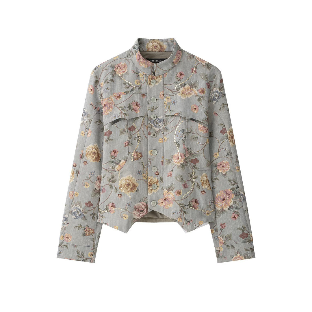 Ladies short jacket in jacquard floral pattern with stand-up collar and decorative button placket Drune