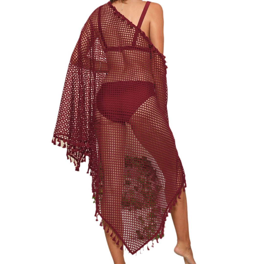 Women's transparent crochet beach cover-up with fringes Mune Fashion