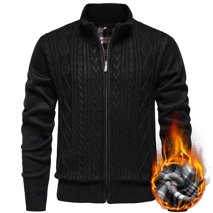 Men's chunky knit cardigan with cable pattern, stand-up collar and checked inner lining Mune Fashion