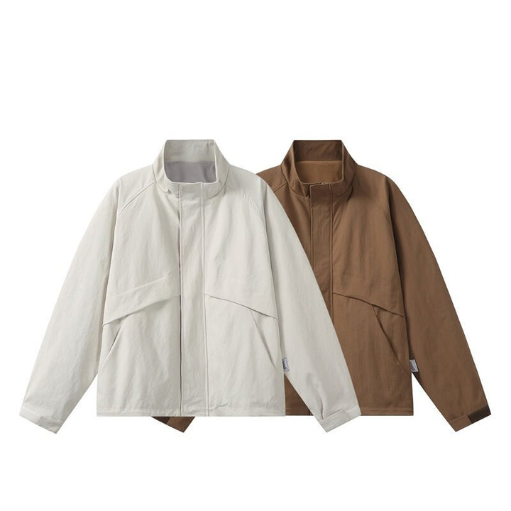 Men's lightweight transitional jacket in minimalist field style with high standing collar and hidden front flap Mune Fashion