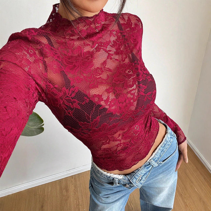 Women's figure-hugging transparent lace crop top with high neck and integrated bustier shape Mune Fashion