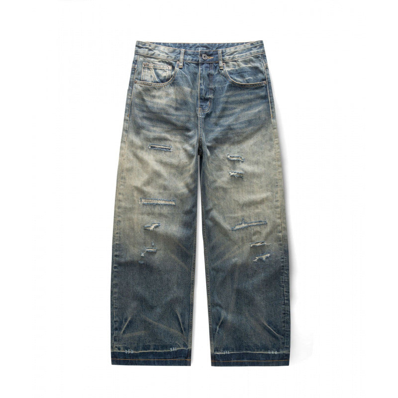 Men's Wide Vintage Denim Jeans with Used Wash and Distressed Details Mune Fashion