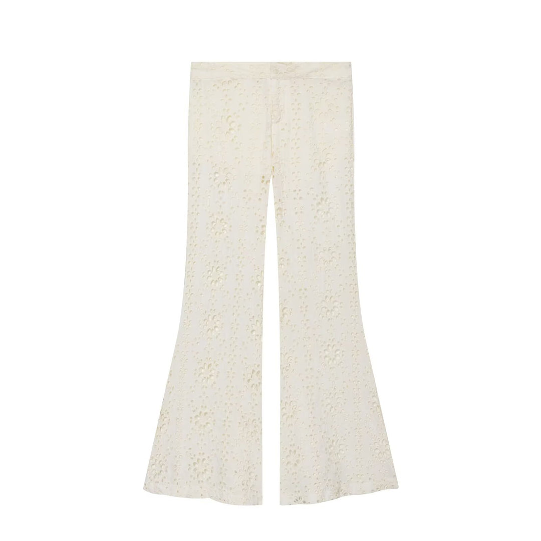 Women's Wide Broderie-Anglaise Flared Trousers with High Waist and Flared Leg Mune Fashion