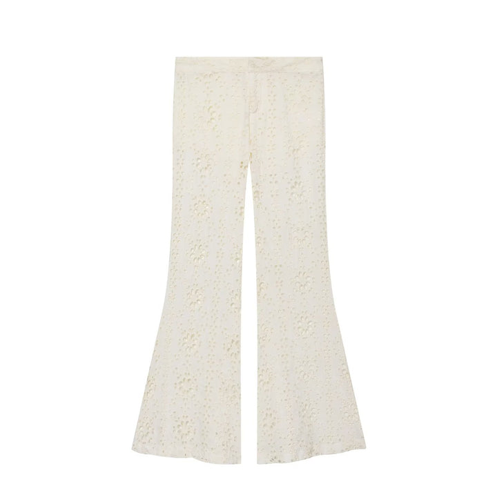 Women's Wide Broderie-Anglaise Flared Trousers with High Waist and Flared Leg Mune Fashion