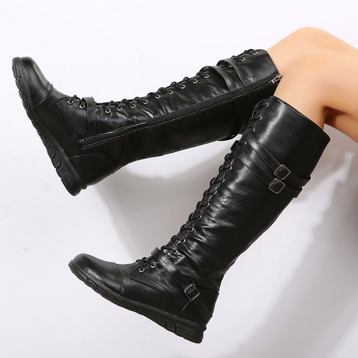 Women knee-high lace-up boots with memory footbed, profile rubber sole, lacing and side zipper Mune Fashion