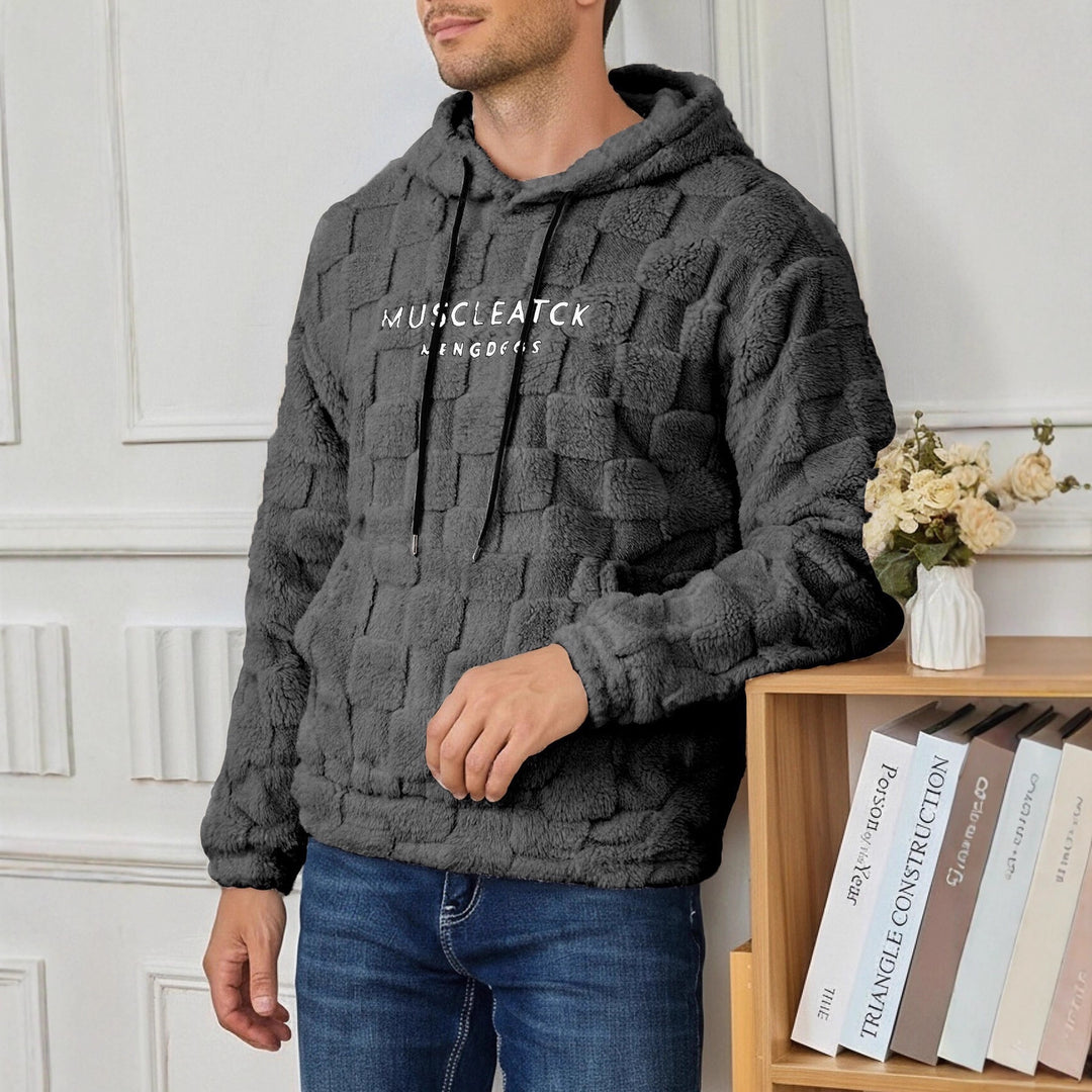 Men's fluffy Sherpa hoodie with square quilting pattern, kangaroo pocket and adjustable hood Mune Fashion