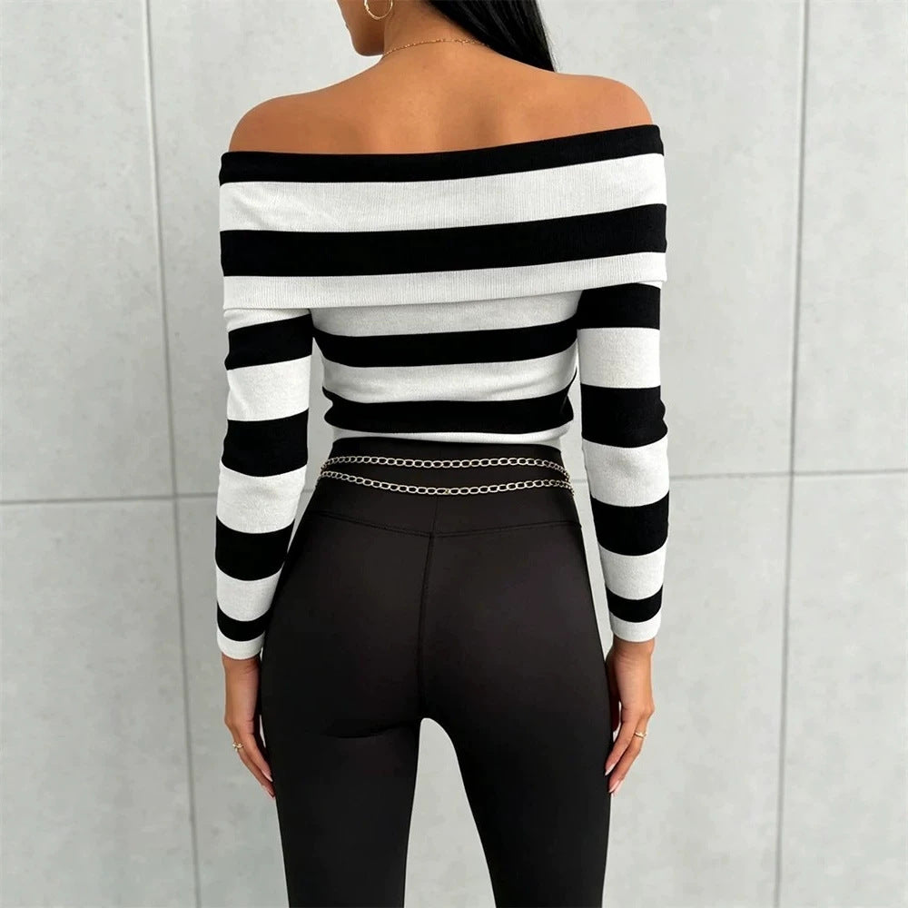 Women Casual Striped Off-Shoulder Top Mune Fashion