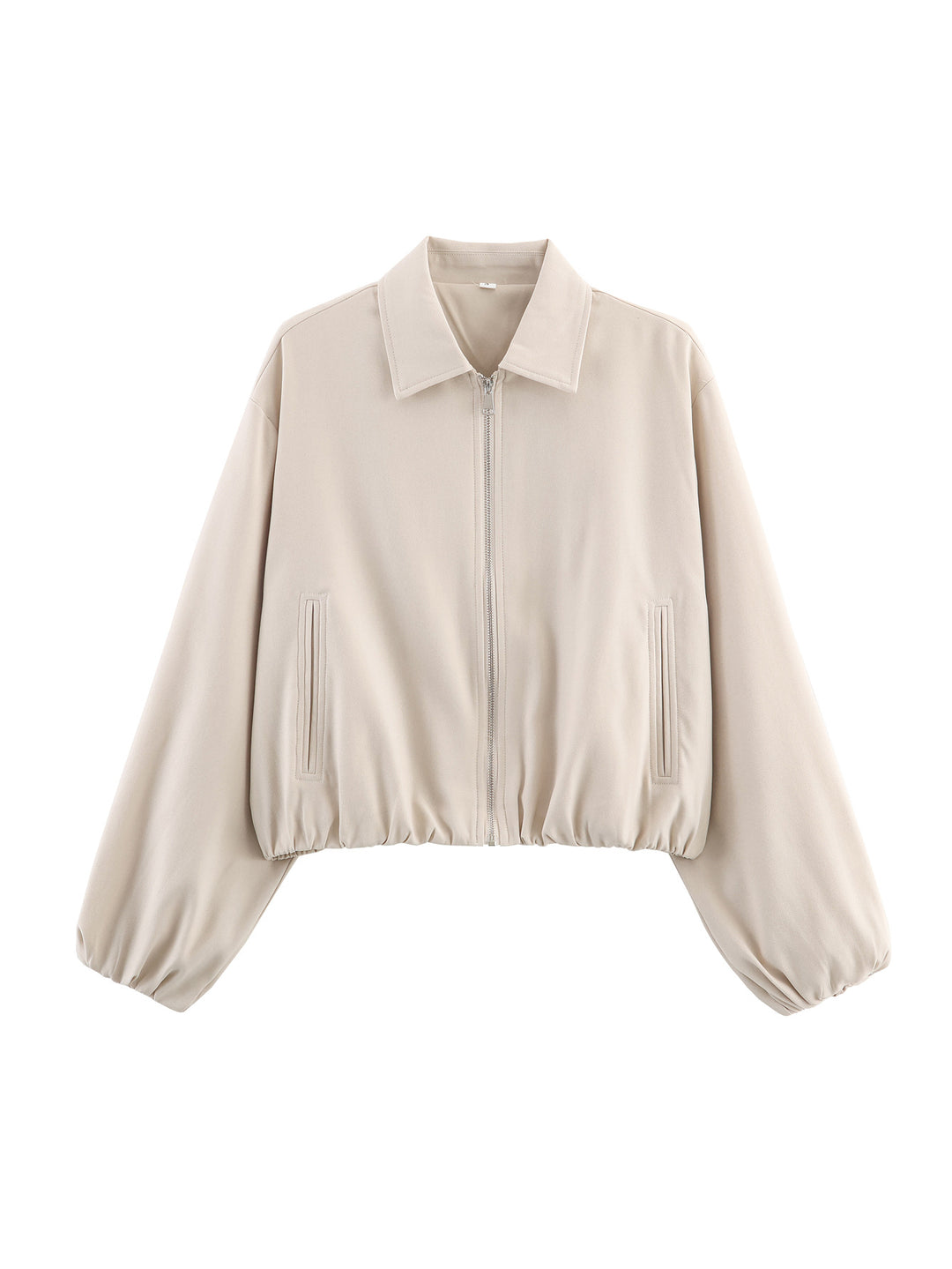 Women's Cropped Bomber Jacket with Balloon Sleeves, Elastic Hem and Lapel Collar Mune Fashion