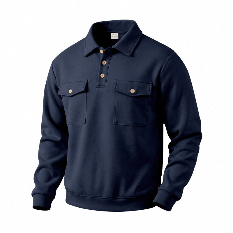 Men's Long Sleeve Polo Shirt with Button Placket and Patch Pockets Mune Fashion