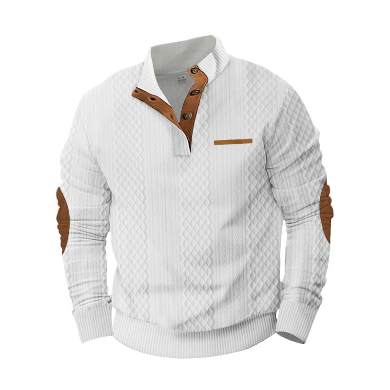 Men's structured stand-up collar pullover with half button placket and elbow patches Mune Fashion