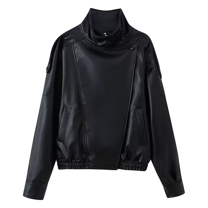 Women's Short Cut Faux Leather Bomber Jacket with High Stand Collar, Asymmetric Snap Button Placket and Elastic Hem Mune Fashion
