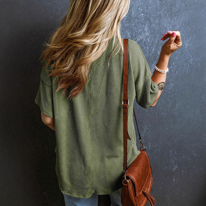 Women's Casual Ribbed Oversized T-Shirt with V-Neck and Breast Pocket Mune Fashion
