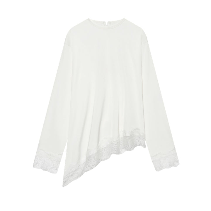 Women's Long Sleeve Shirt with Asymmetrical Hem and Lace Trim Mune Fashion