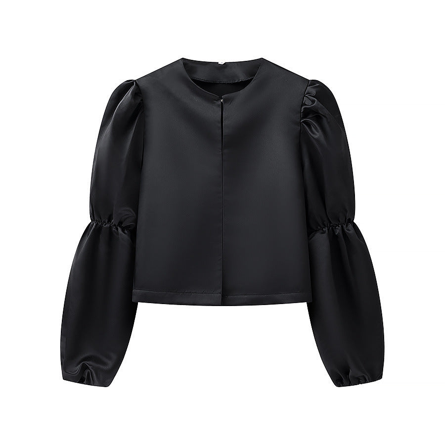 Ladies Glossy Satin Blouse with Voluminous Puff Sleeves Mune Fashion