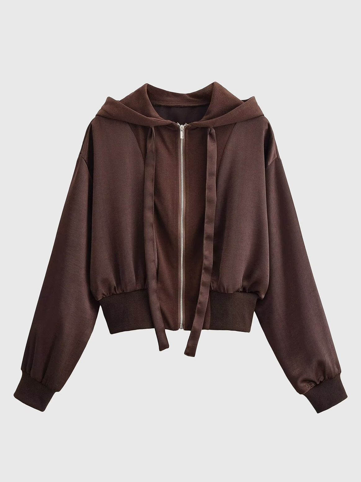 Women's Cropped Hooded Jacket with Zipper, Oversized Sleeves and Wide Ribbed Hem Mune Fashion