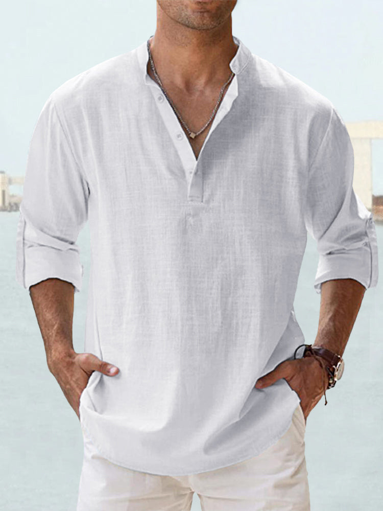 Men's nan casual linen henley shirt with stand-up collar, roll-up sleeves, and rounded hem Mune Fashion
